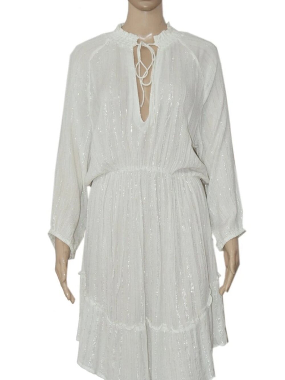 Free People Shimmer Metallic Smocked Tie Knot Ruffle White Mini Dress M